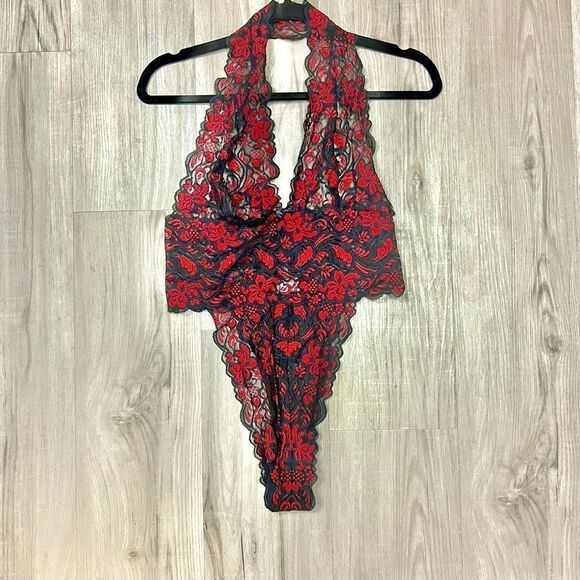 Vintage Y2K Fredericks of Hollywood red black low cut lace teddy sz L stretchy - Picture 11 of 15